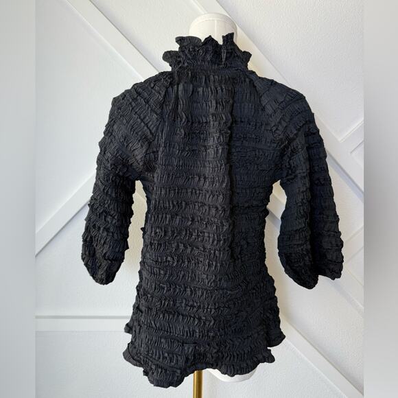 Cynthia Rowley Ruffle Neck 3/4 Sleeve All Over Smocked Blouse Black Size XS - Picture 6 of 10